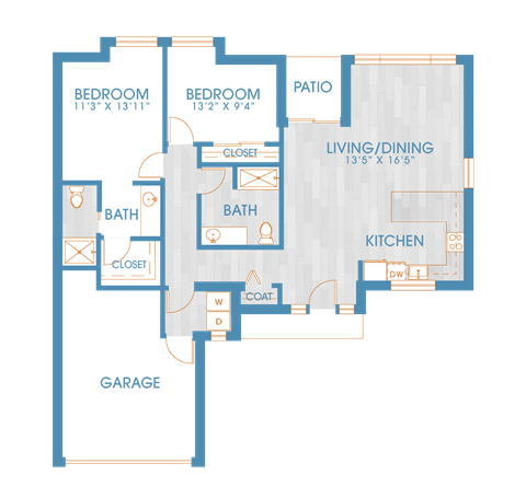Floor plan for 2 beds, 2 baths, 1314 sqft